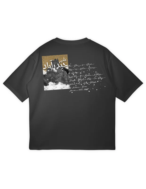 I understand! You want the Alt Text, Title, Caption, and Description for both the Front and Back images of the Shehr-e-Hyderabad T-shirt, with the Front being the Main Image and the Back being a Gallery Image. 1. Product Main Image: Front View Image Role Main Product Image Alt Text (SEO/Accessibility) Oversized black streetwear t-shirt with white Urdu calligraphy on the chest reading "شہر حیدرآباد 1768" and supporting text. Image Title Shehr-e-Hyderabad Streetwear Tee - Front with Urdu Calligraphy Caption Cultural roots meet modern style. The front of the Shehr-e-Hyderabad Tee proudly displays the city's name and founding date in elegant white Urdu script. Description The front view of the Shehr-e-Hyderabad Oversized T-Shirt features a clean, impactful display of heritage. Set against the premium black fabric, the design includes the city's name and a significant historical year, "شہر حیدرآباد 1768", rendered in elegant white Urdu calligraphy. This minimalist presentation allows the cultural script to stand out, offering a strong, sophisticated statement that anchors the tee in history while embracing a modern, comfortable oversized streetwear fit. 2. Product Gallery Image: Back View Image Role Product Gallery Image (Highlighting the main feature) Alt Text (SEO/Accessibility) Large graphic on the back of a black t-shirt featuring a vintage image of a historical building/train station with gold distressed texture, smoke, and flowing white Urdu calligraphy script.