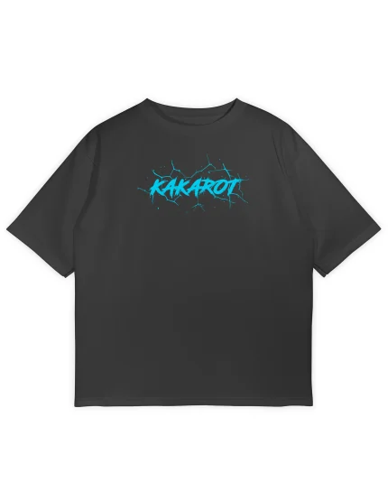Ultimate Goku power Oversized black t-shirt, main product view, with the word "KAKAROT" in electric blue, cracked text across the chest, designed for anime streetwear.