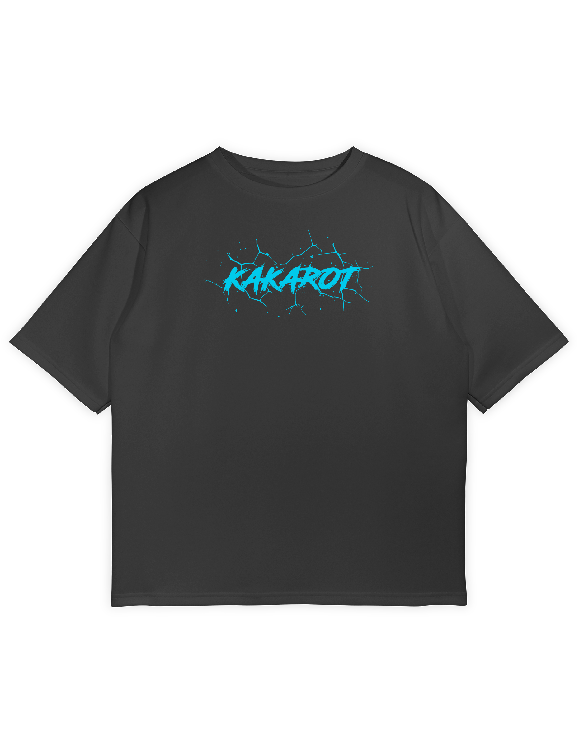 Ultimate Goku Power Tee - Front View | KAKAROT Chest Print Ultimate Goku power Oversized black t-shirt, main product view, with the word "KAKAROT" in electric blue, cracked text across the chest, designed for anime streetwear.