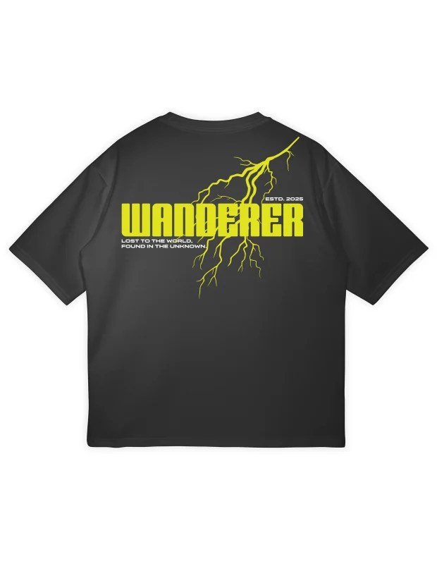The back of the black Wanderer T-shirt features a large, dramatic neon-yellow lightning strike graphic overlaid with the bold text "WANDERER" and the motto: "LOST TO THE WORLD, FOUND IN THE UNKNOWN."