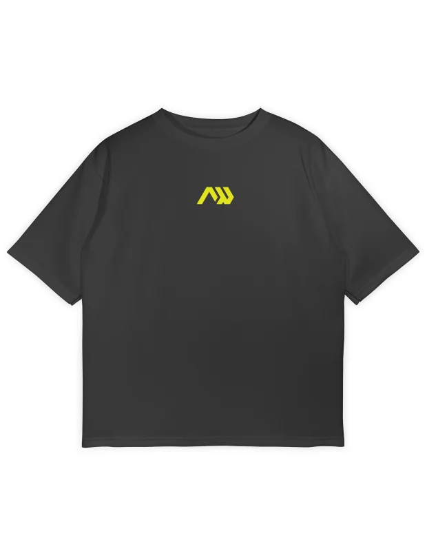 Black oversized Wanderer T-shirt featuring a small, stylized neon-yellow 'AW' graphic printed on the Center chest area.