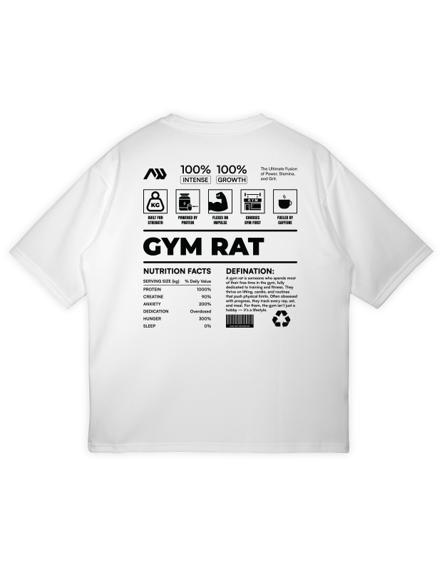 Large graphic on the back of a white oversized t-shirt titled "GYM RAT" with a "NUTRITION FACTS" panel detailing 100% Protein, 1000% Training, 200% Anxiety, and 0% Sleep.