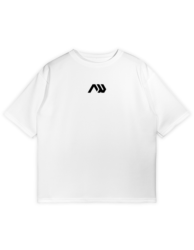 Minimalist oversized white t-shirt for gym wear with a small black stylized logo centered on the chest.