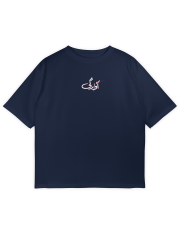 Dark navy blue oversized t-shirt with minimal central chest design of 'Awaargi' in white and red Urdu script.